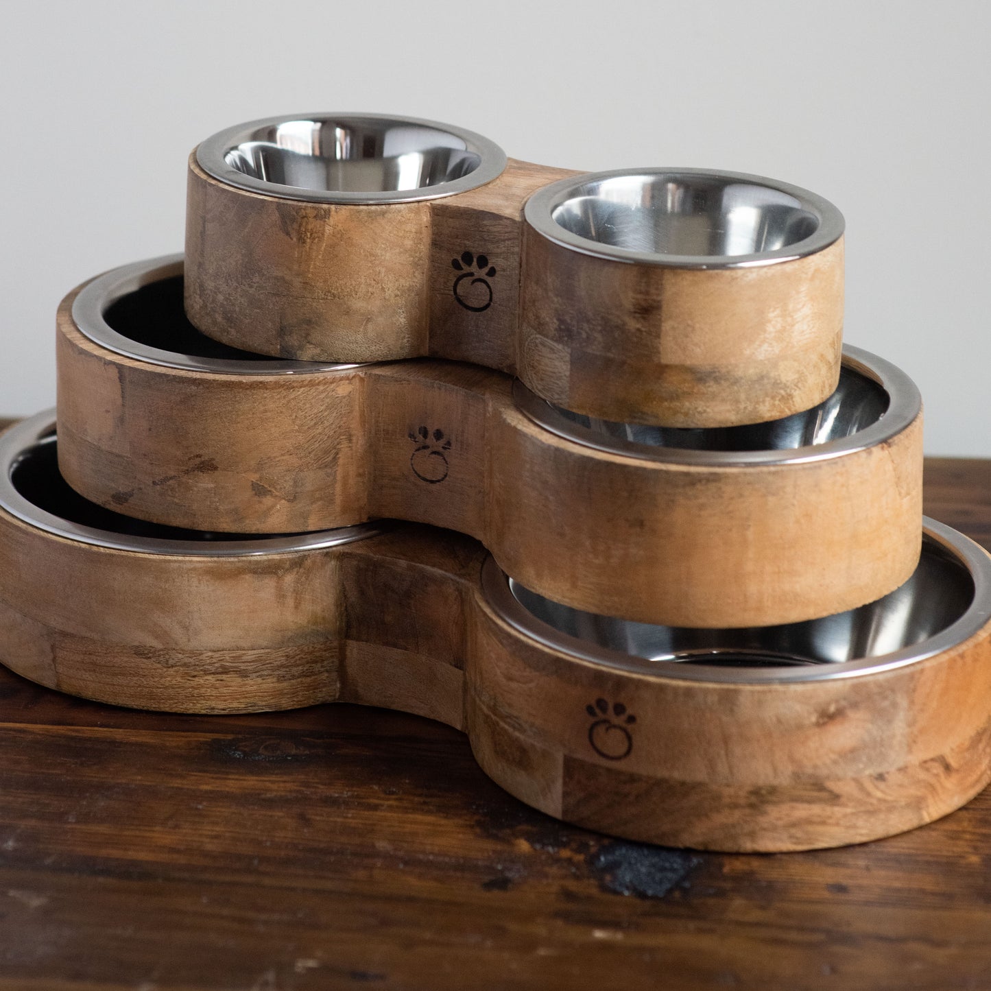 Wood and Metal Dog Dish Set